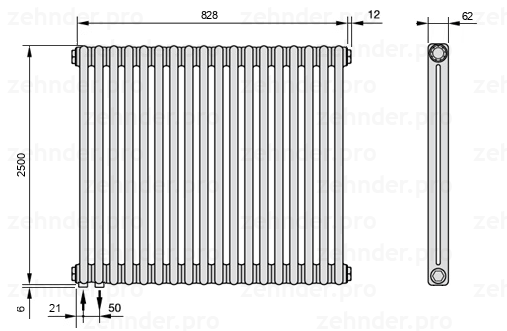 Схема (чертеж) Радиатор Zehnder Charleston 2250/18 №3370 Белый глянцевый RAL 9016
